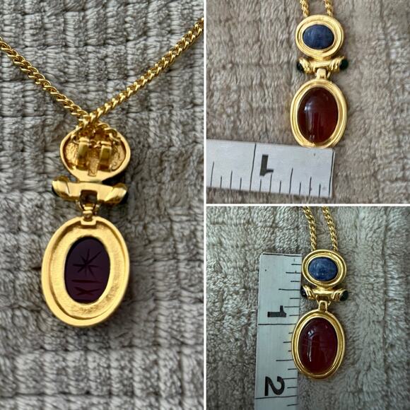 Egyptian Revival Scarabs Semi Precious Gemstones Gold Tone Pendant Necklace - Picture 4 of 4